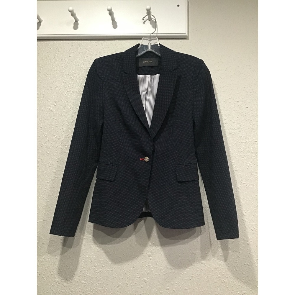 Reserved Navy Micro Dot Blazer Gold Crest Button Jacket Women's 34 / US 2 Preppy